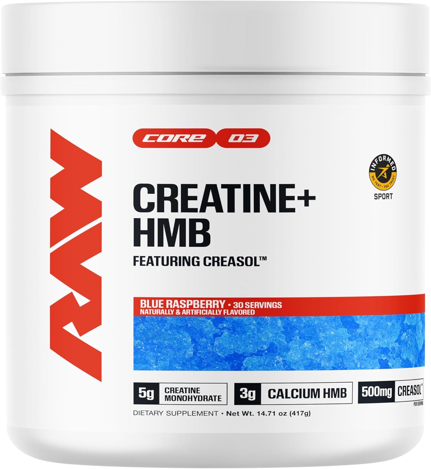 RAW Creatine Plus, Blue Raspberry, Creatine HMB, Monohydrate Powder with HMB & No Added Sugar - Muscle Mass Growth, Strength Building & Enhanced Energy, 30 Servings