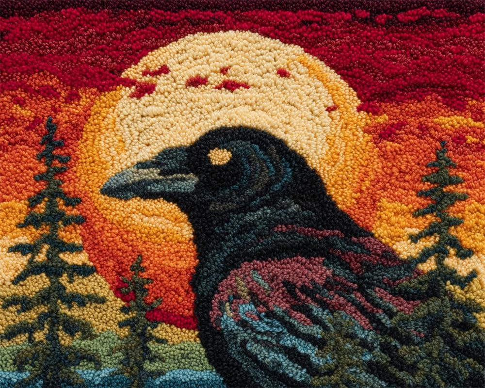 Kitquiver Rug Kits for Adults Latch Hook Pre Printed Full Moon Crow DIY Crafts Crochet Yarn Handmade Embroidery with Printed Canvas Needlework for Home Decor 23X35In