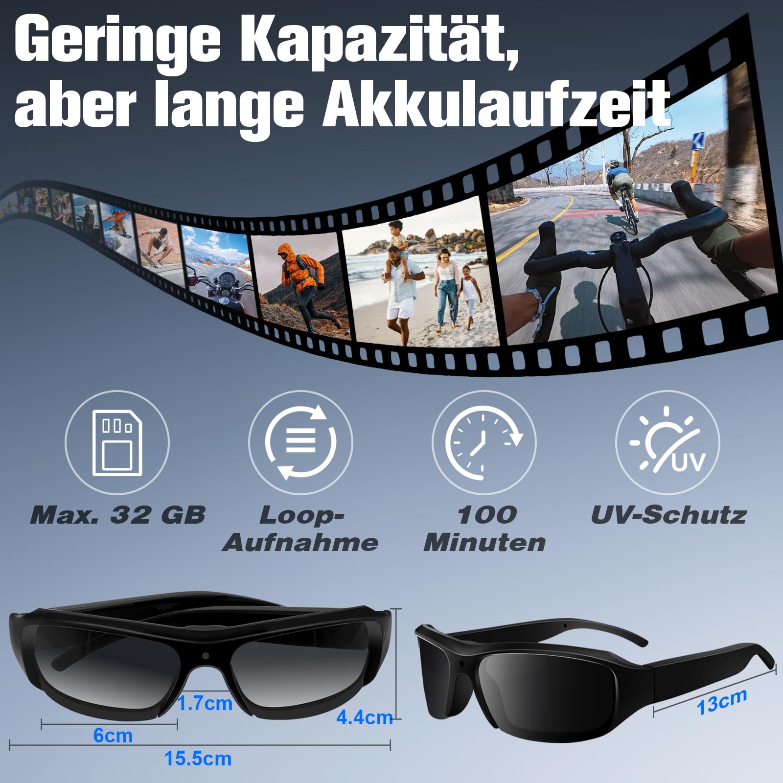 Klein Brillen Kamera HD 1080P, Tragbar Videorecorder ohne WLAN, Sonnenbrillen Action Kamera für Videoaufnahmen Für den Außeneinsatz mit 16GB Micro SD Karte