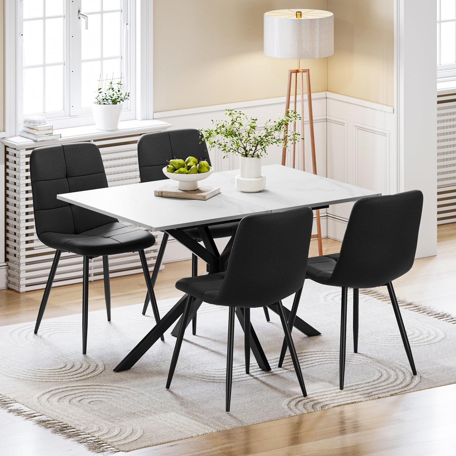 Luxstein Extendable Dining Table and Chairs Set 4, 120-160cm Marble Effect Table with 4 Black Upholstered Linen Chairs for Dining Room, Kitchen