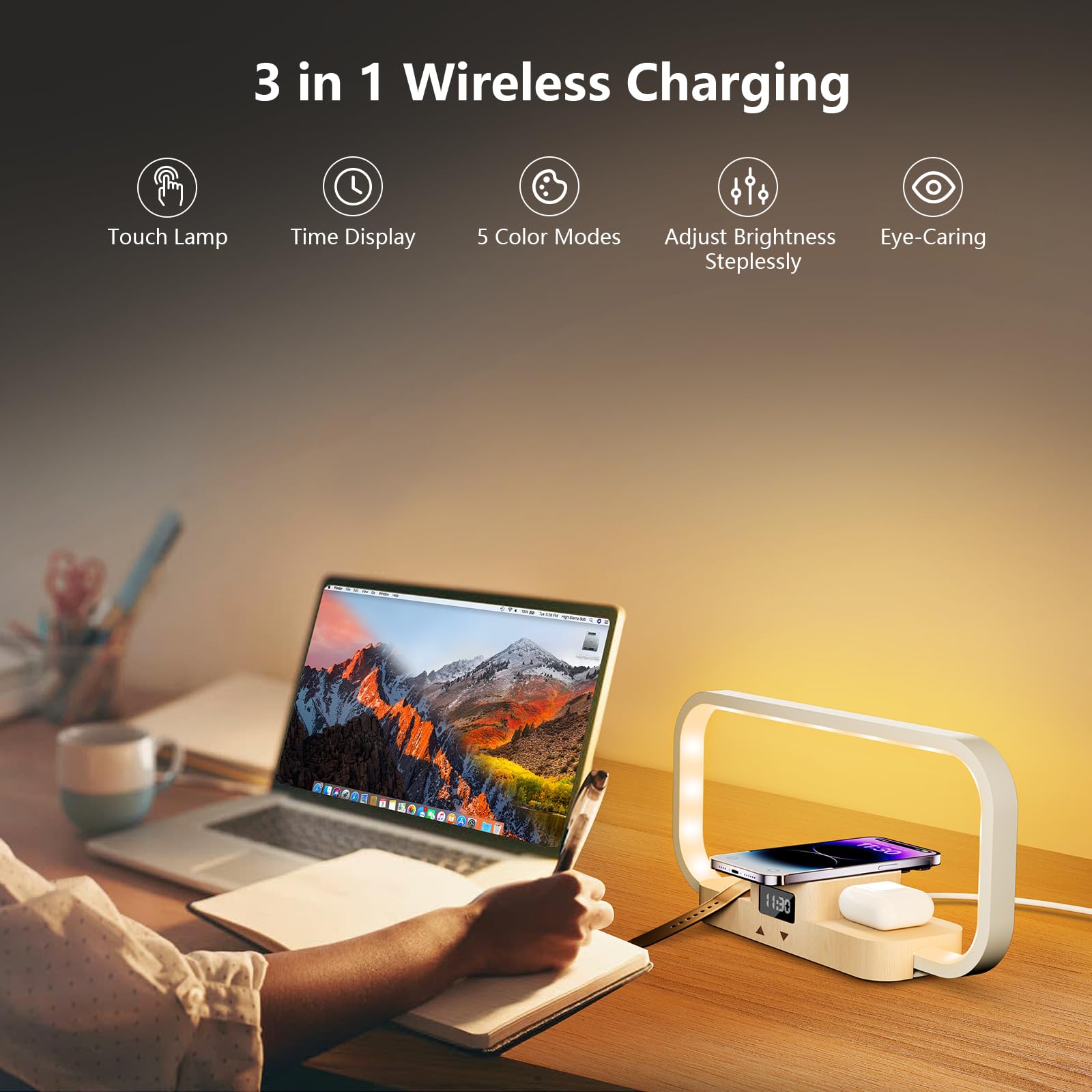 Lampada da Comodino con Caricatore senza Fili & Ricarica USB, 5 Colori Lampada da Tavolo Dimmerabile Controllo Touch, Luce Notturna 5 Luminosità per Camera-Legno e Bianco