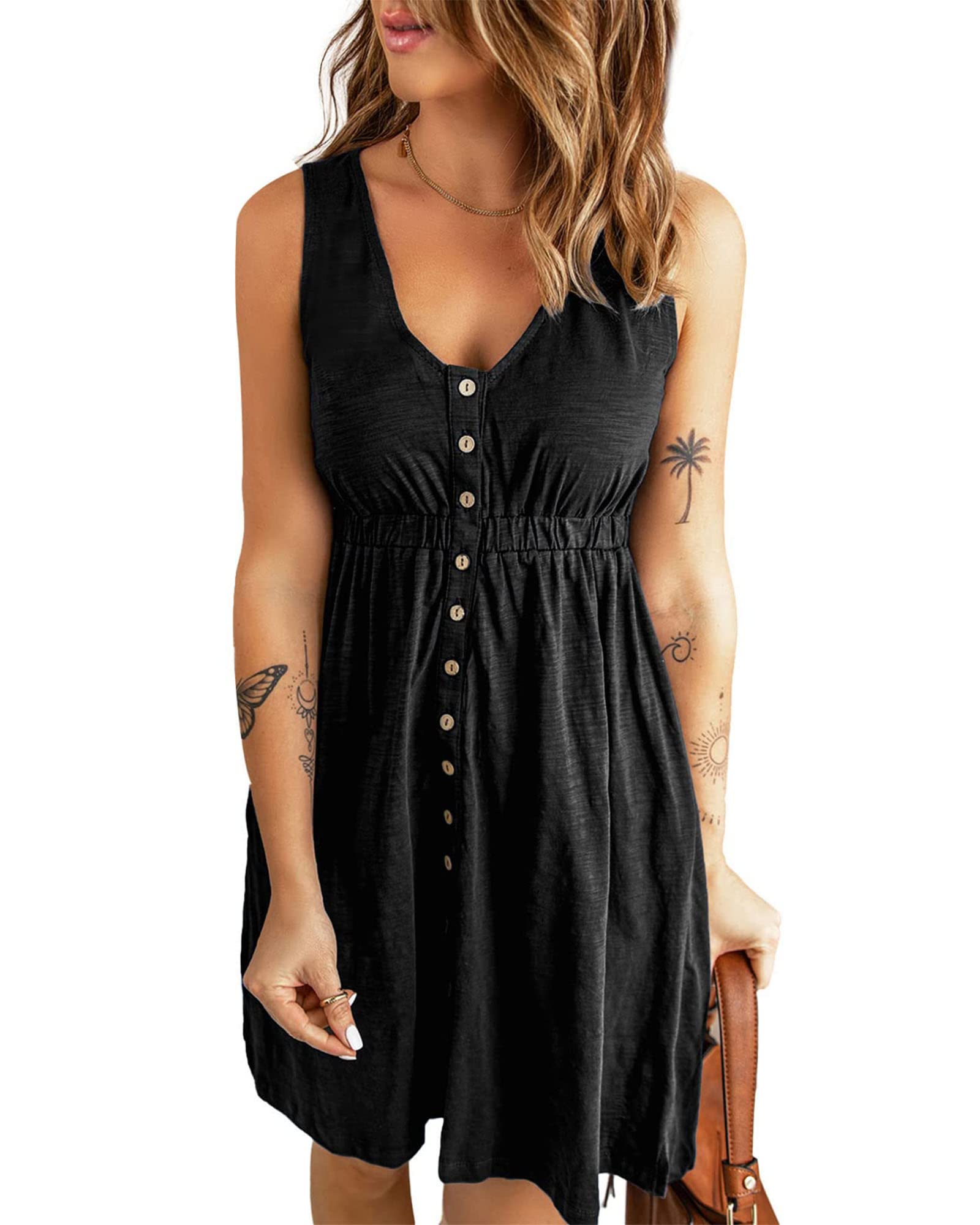 BTFBM Women Sleeveless Summer Dress 2023 Crewneck Ribbed Knit Ruffle Swing Button Down Beach Sun Mini Tank Short Dresses(M)