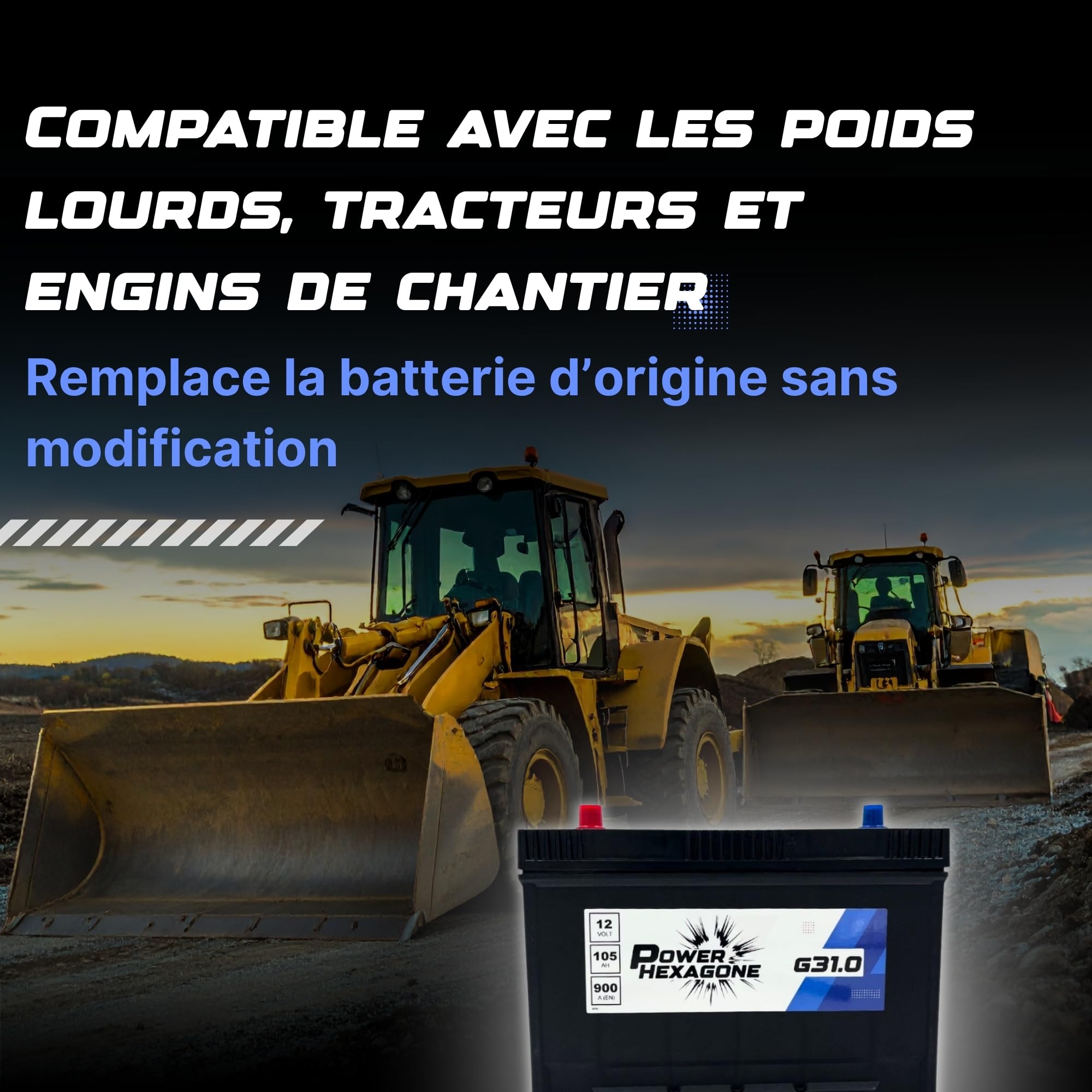 Batterie 12V 105Ah GR31 - Démarrage 900A - Batterie Poids Lourd Sans Entretien - Format GR31 pour Camion, Tracteur, Engin de Chantier - Remplacement Origine - Power Hexagone