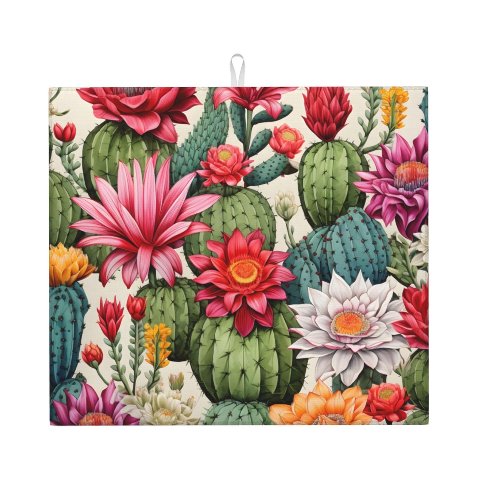 Dish Drying Mat for Kitchen Counter, Tropical Cactus Cacti Desert Flower Green Plant Super Absorbent Dish Rack Mats with Hanging Loop, 16 X 18 Inch