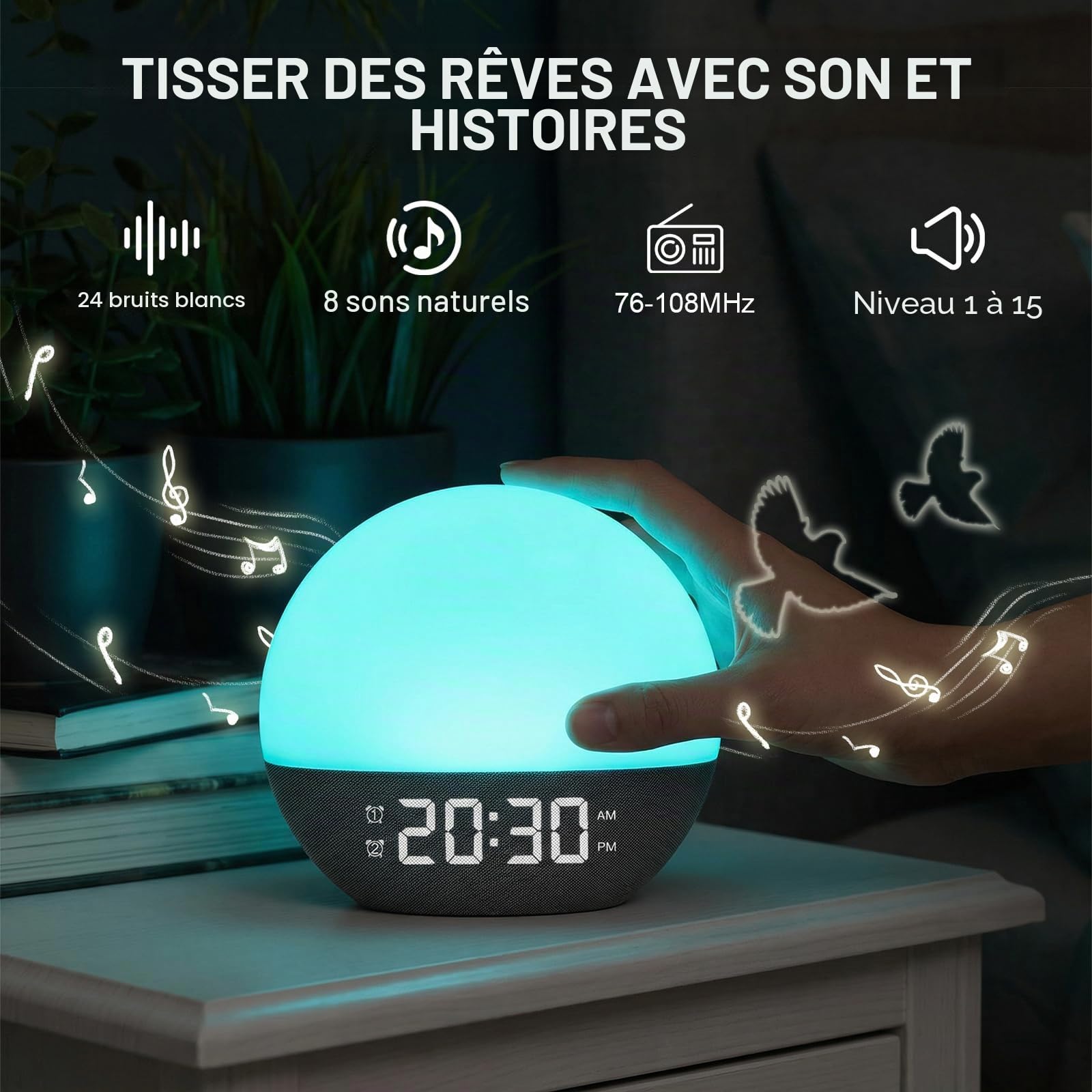 Reveil Lumineux,Reveil simulateur d'aube,Réveil luminothérapie,Sunrise alarm clock,Simulateur d'Aube et Crépuscule,20 Niveaux de Luminosité,24 Sons Naturels,Pour Ambiance Adultes et Enfants