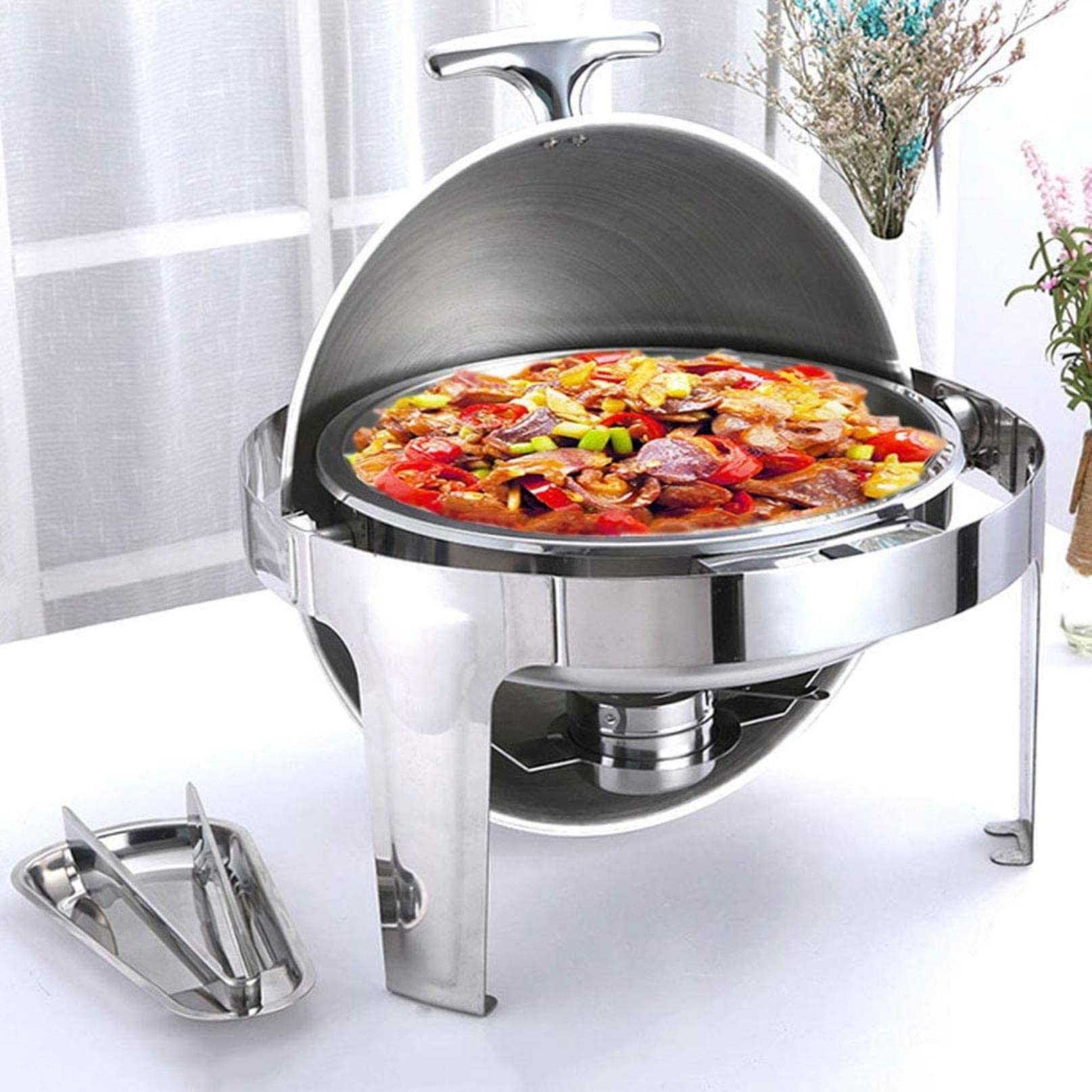 Calentador de Buffet, Ronda Chafing Dish Aislamiento de Alimentos en la Cafetería del Hotel, Tiempo de Aislamiento Prolongado y Fácil de Limpiar, con Bandeja y Clip para Alimentos, 220V 400W
