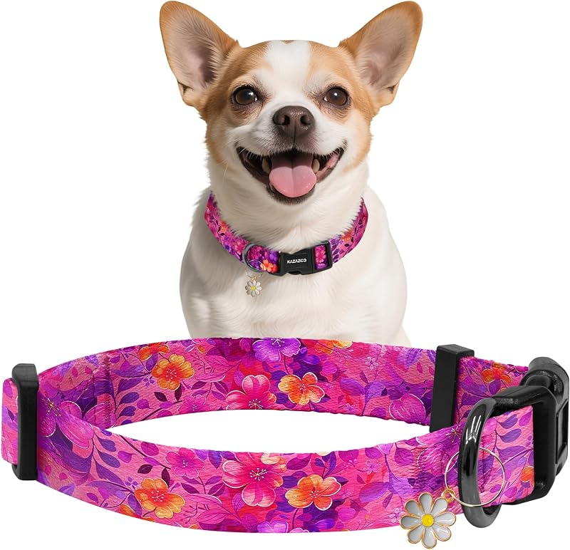 Coleira para Cães de Nylon Macio com Estampa Floral Tropical Pink Flowers, Ajustável, Kazazoo, M