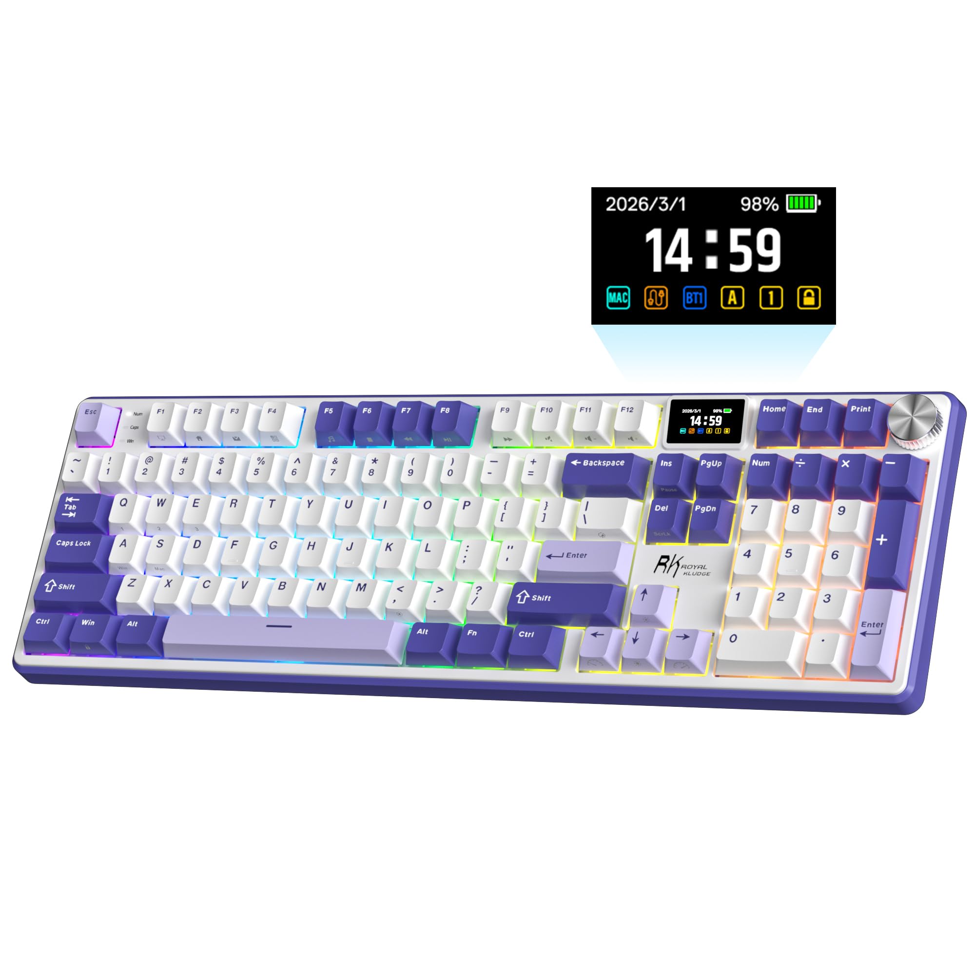 RK ROYAL KLUDGE Teclado mecánico inalámbrico S104 con pantalla y perilla, teclado para juegos de tamaño completo con batería de 8000 mAh, interruptores prelubricados con retroiluminación RGB