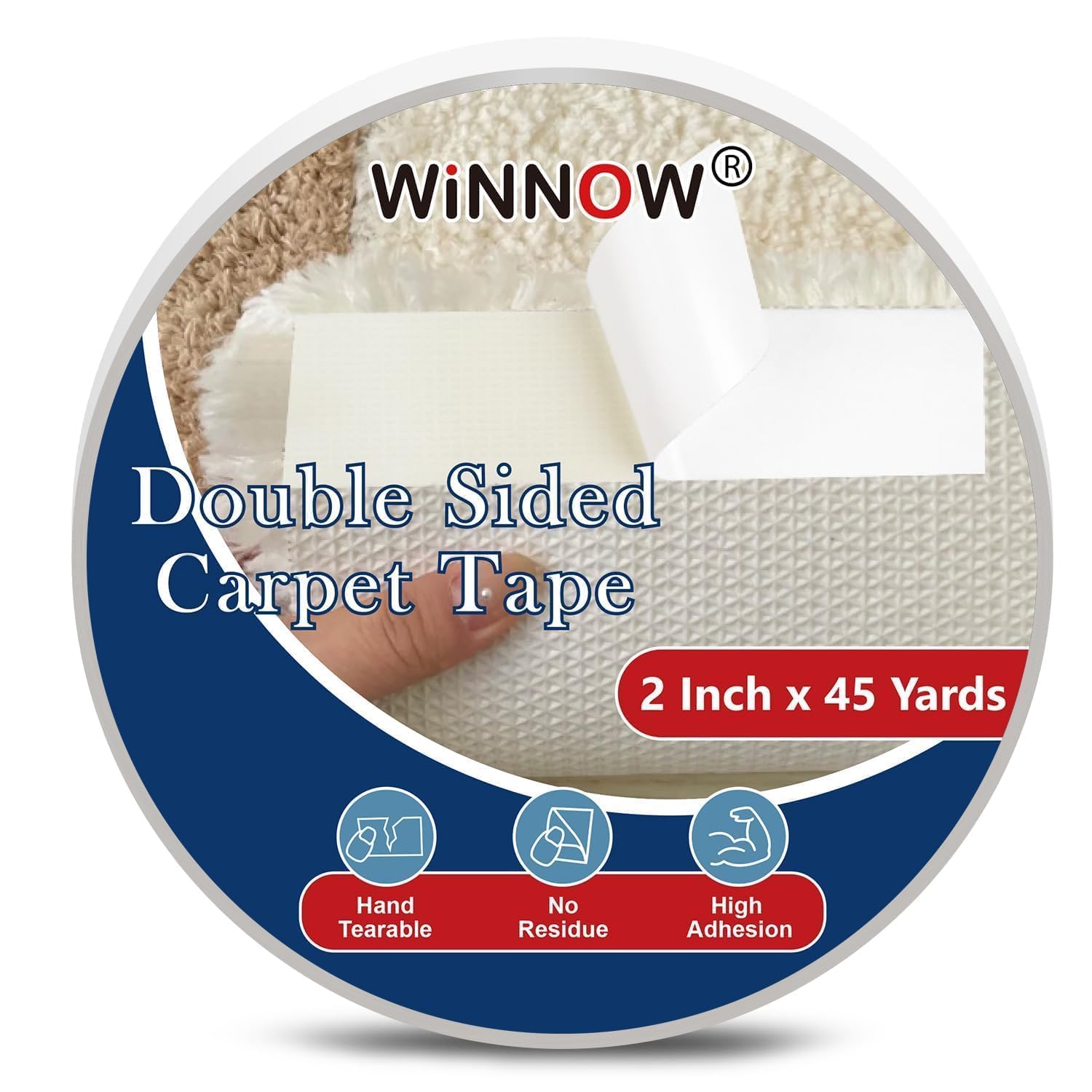 winnow heavy duty double sided rug tape (2 inches x 45 yards) – carpet tape gripper for wood, tile & carpet, non?slip, strong hold, removable