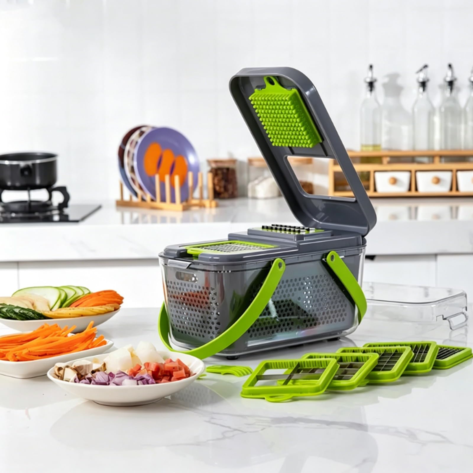 Cortador de Verdura Manual, Mandolina de Cocina Multifuncional con 14 Cuchillas Acero Inoxidable, Material Resistente, Cortador Verduras para Ensaladas, Utensilios Cocina