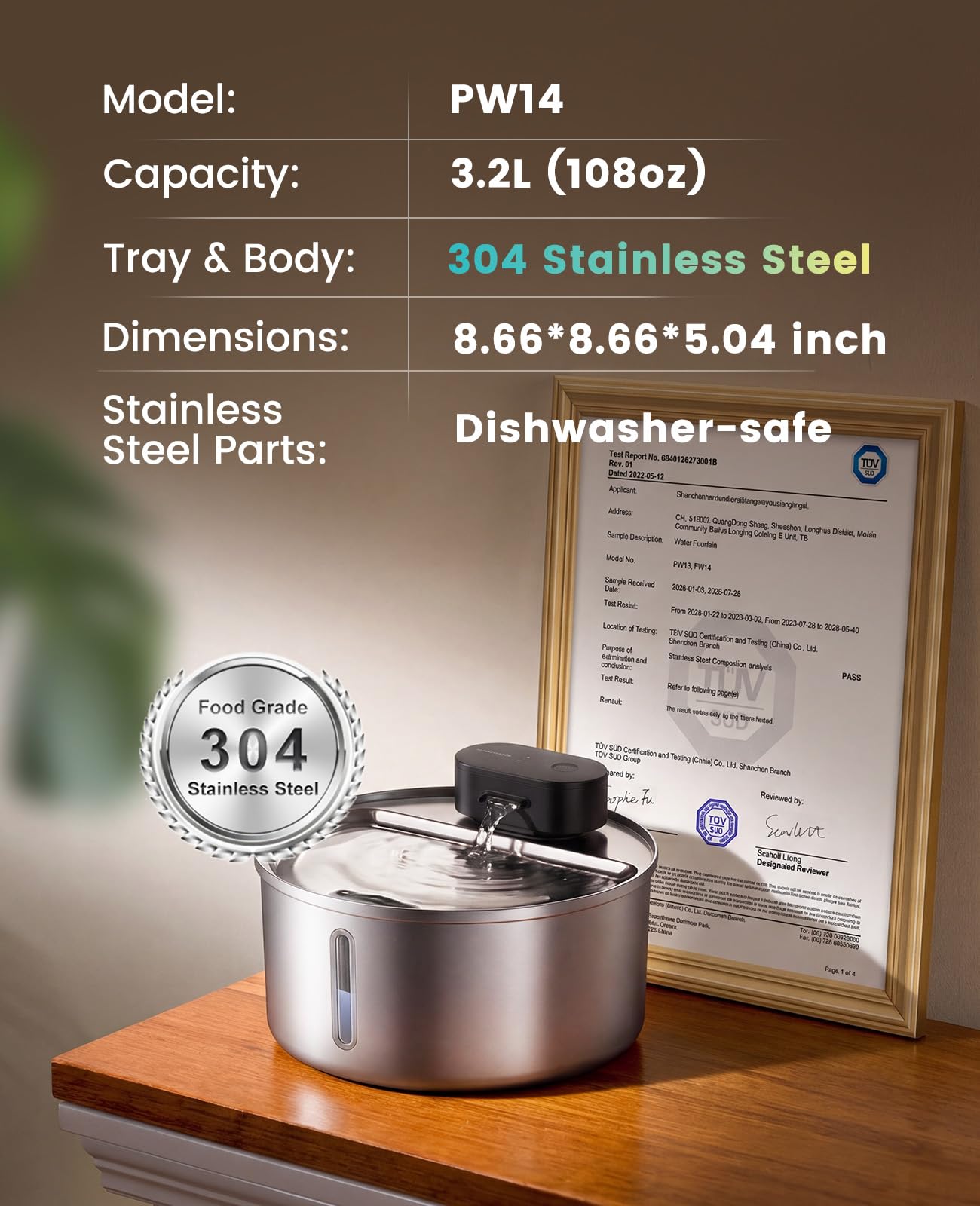 oneisall 【Katze Wasserbrunnen Kabellos】Edelstahl 3.2L/3,061.7 g schnurloser Haustier-Wasserbrunnen, Ultra leise SilentFlow™ Pumpe, Batteriebetriebener Automatischer Wasserspender für Katzen Innen