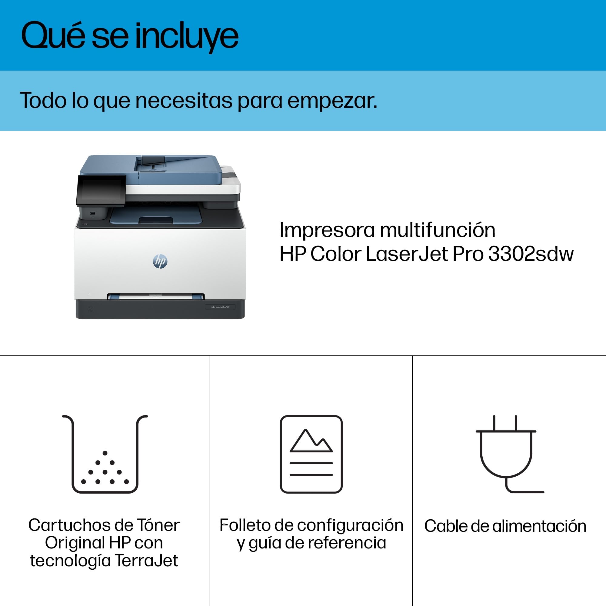 HP Color LaserJet Pro 3302sdw Impresora Láser A4 Multifunción Doble Cara Automática, Escáner, Copiadora 25ppm Wi-Fi Direct Blanca y Azul