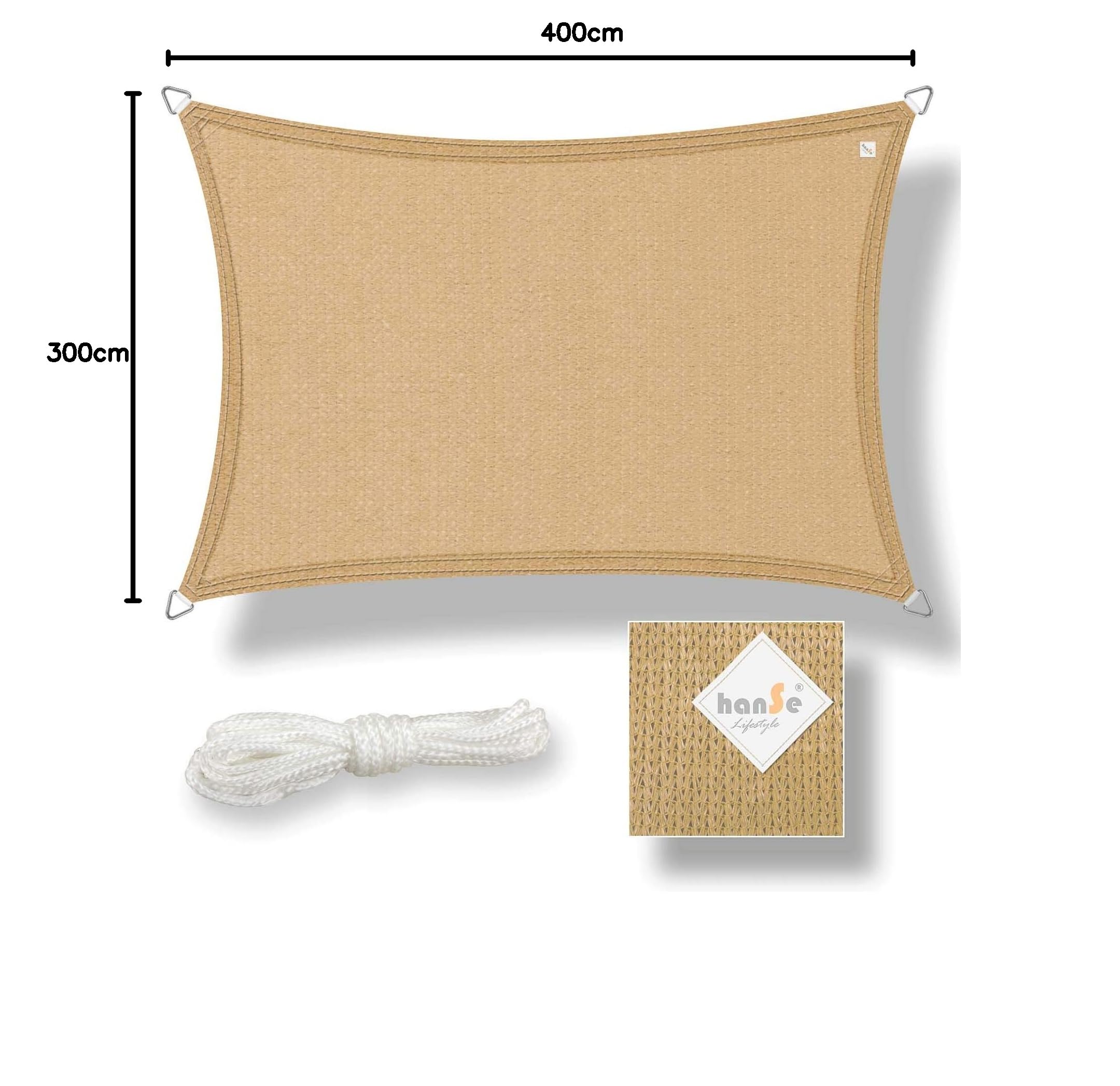 hanSe® Voile d'ombrage de marque - Protection contre les intempéries - Tissu PEHD - Protection UV - Rectangulaire - 3 x 4 m - Sable