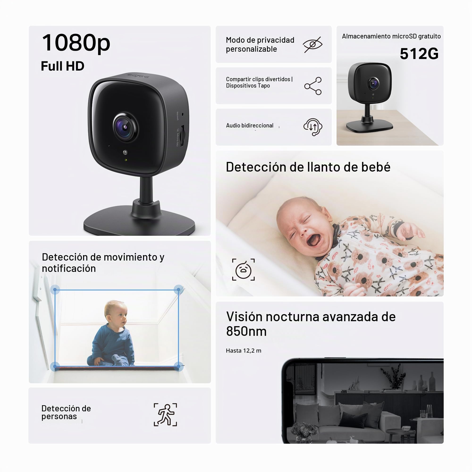 Tapo by TP-Link 1080P Cámara de Seguridad Interior para Monitor de bebé, cámara de Mascotas con detección de Movimiento, Audio bidireccional, visión Nocturna, Almacenamiento en la Nube y Tarjeta SD,