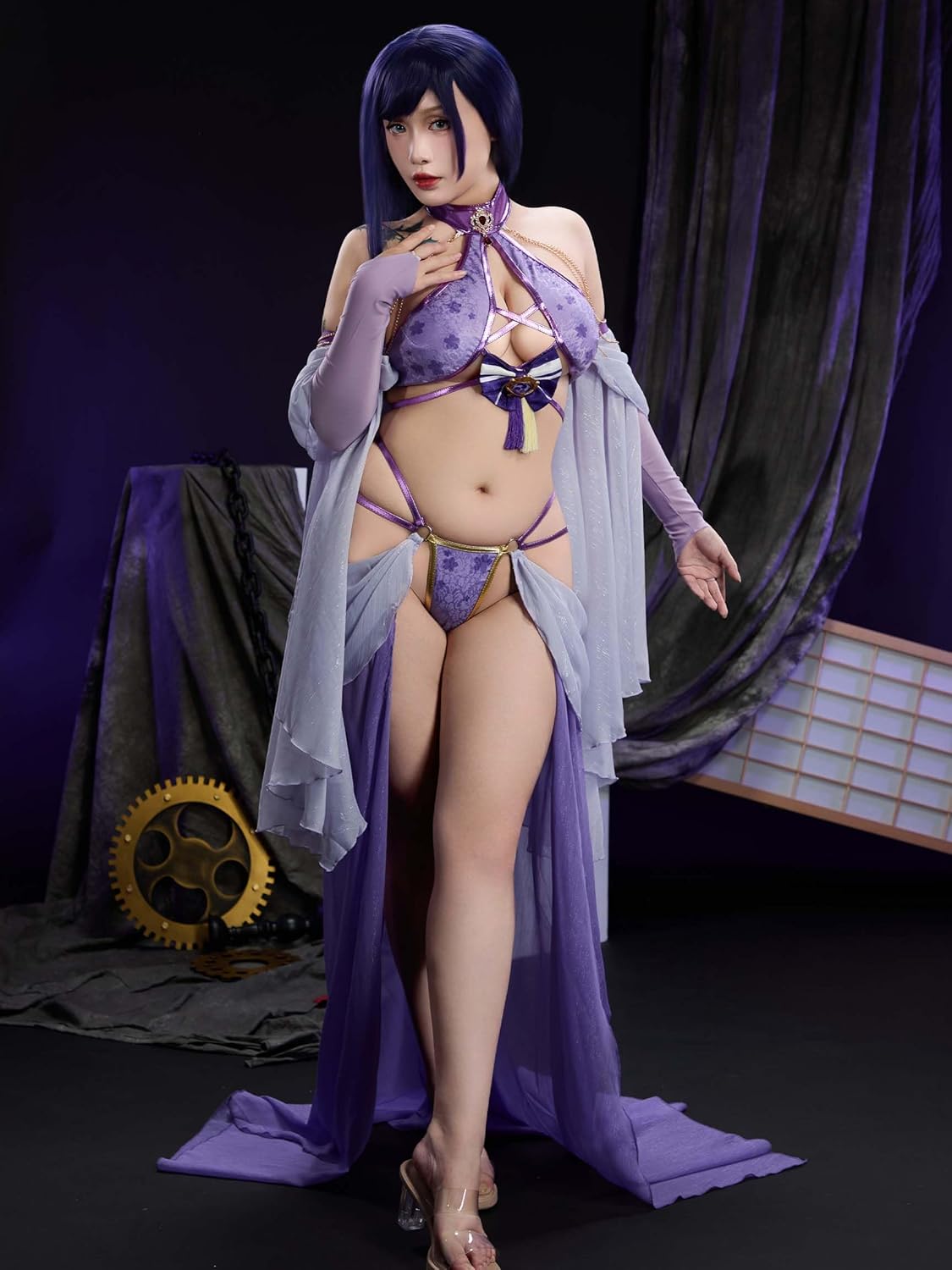 Mobbunny Women Anime Derivative Sexy Dancer Style Lingerie Set Cross Halter Top with Gauzy Dress Panty and Sleeves