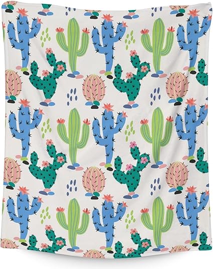 Cactus Throw Blanket - Soft, Fuzzy & Warm - 50x60 Inches Flannel Blankets for Living Room, Sofa - White Aesthetic Throws Gift for Teen