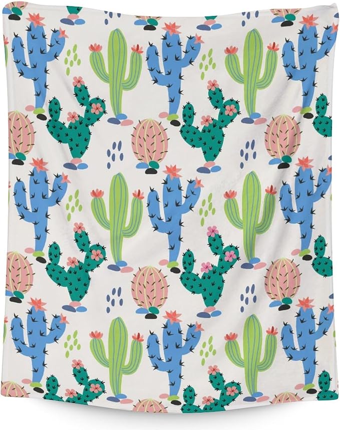 Cactus Throw Blanket - Soft, Fuzzy & Warm - 50x60 Inches Flannel Blankets for Living Room, Sofa - White Aesthetic Throws Gift for Teen