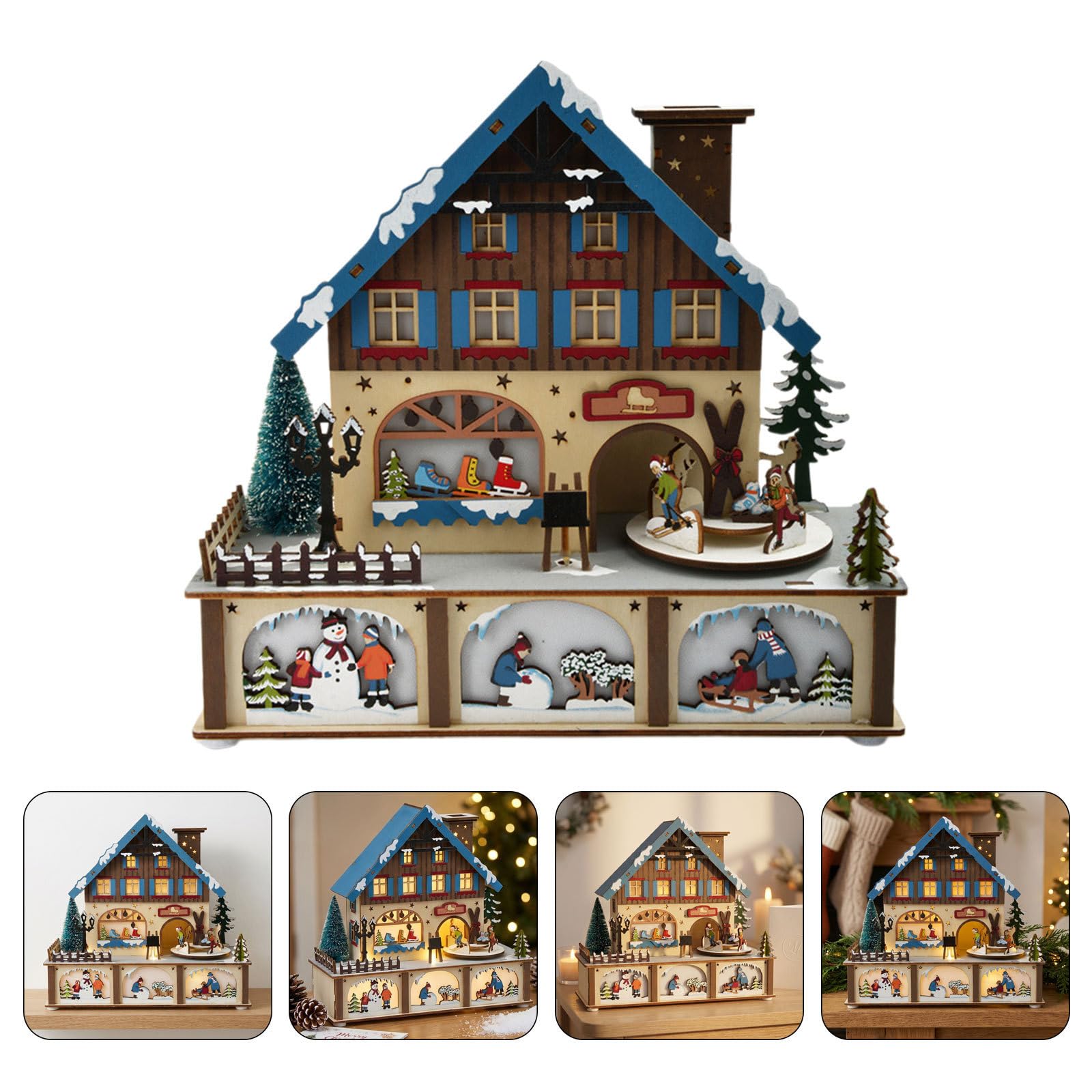 Figura Decorativa de Madera para Navidad con Luz Cálida Azul, Artesanía Fina para Pueblo Navideño Interior en Temporada de Invierno