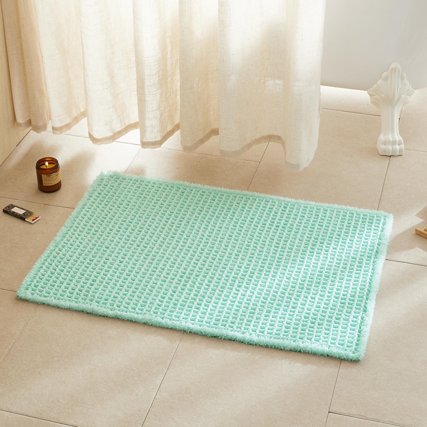 TYUU Waffle Bath Mat, Boho Bathroom Rugs Non Slip, 36x24 Aqua Blue