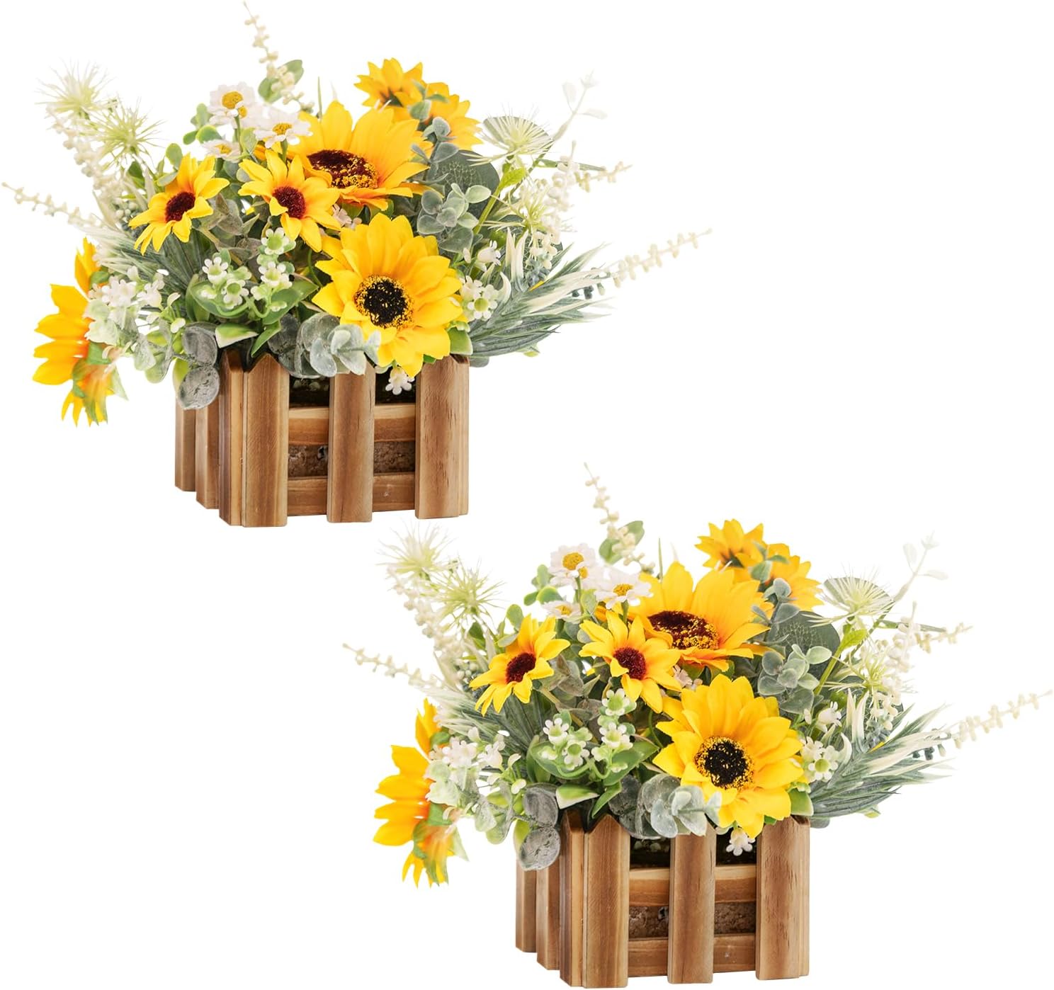 WELL KNOWN Artificial Sunflower Plants in Wooden Baskets, Faux Sunflower and Mini Wild Flowers Arrangement in Planter for Home Hotel Office Table Centerpieces & Gift (Set of 2)