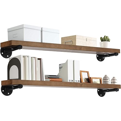 TEN49 Industrial Wood Shelf - 36" Espresso Rustic Wooden Wall Shelves with Iron Pipes - Contemporary Interior Decor Floating Shelving with Pipe Brackets - Farmhouse Style Bookshelf Set of 2
