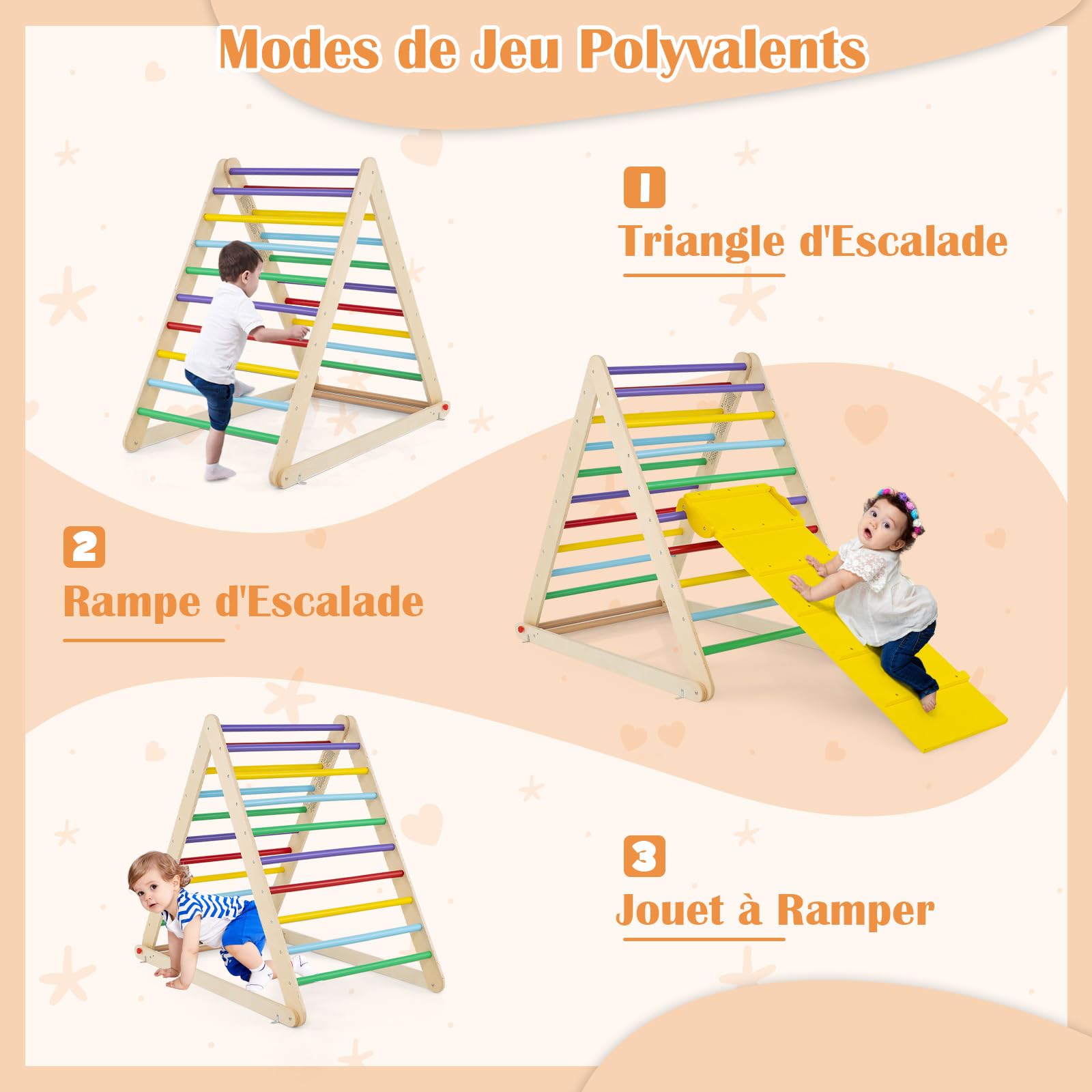 DREAMADE Echelle d’Escalade Triangle Pliable pour Enfants 3+ Ans, Mur d'escalade Pliant en Bois pour s'entraîner à Grimper et à saisir, 122x71x110 CM (Coloré)