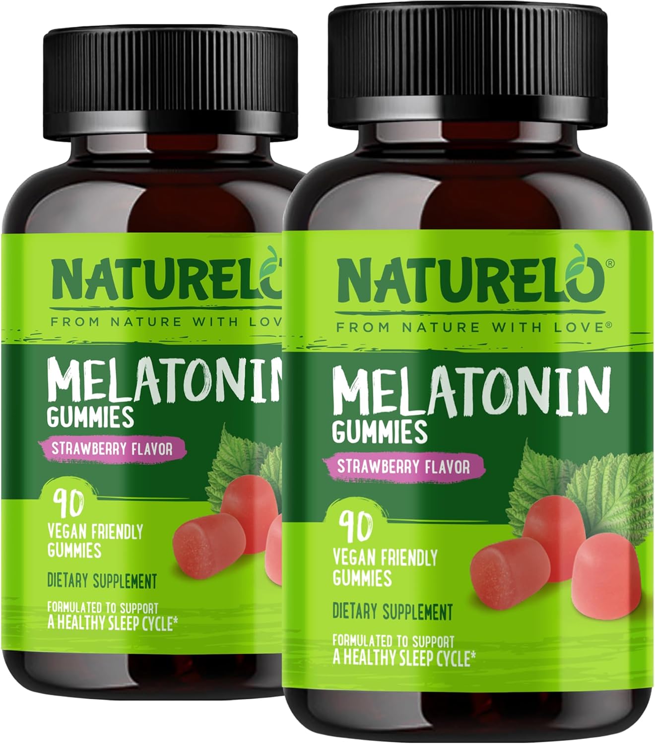 NATURELO Melatonin Gummies – Non-GMO, Gluten-Free, Soy Free - Strawberry Flavor - Gentle Sleep Supplement - 180 Vegetarian Gummies (Pack of 2)