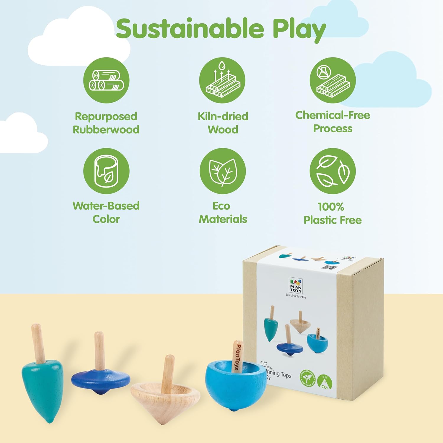 PlanToys® Mini Wooden Spinning Tops Set | 4 Colorful Eco-Friendly Montessori Toys for Toddlers | Travel Toys for Kids | Sensory Fidget Toys for Focus & Coordination 4 Small Spinning Top image 3