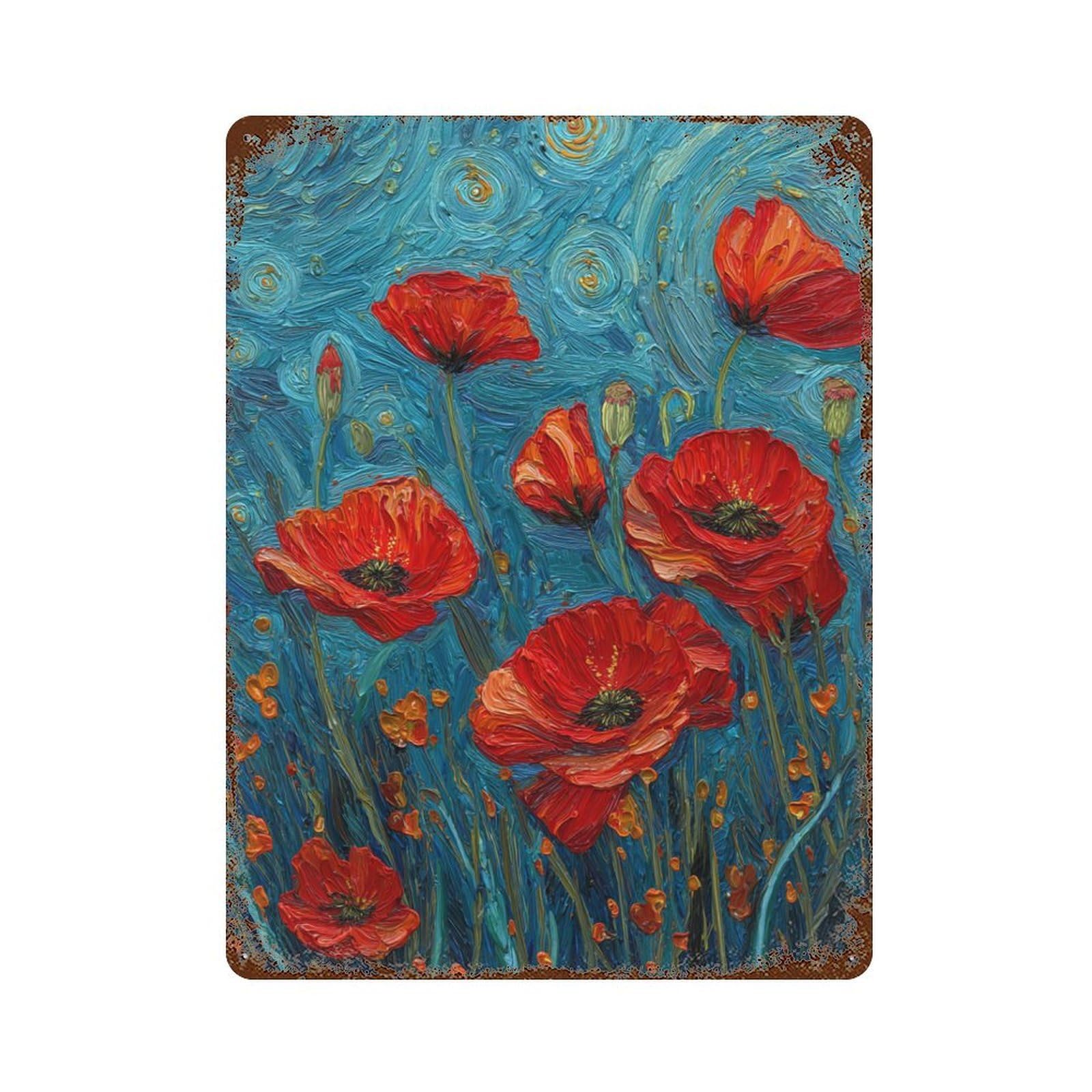 Poppies in Blue Field-1 Rustic Tin Plaque 15.7"x11.8", Vintage Wall Decor for Garage, Pub Or Kitchen