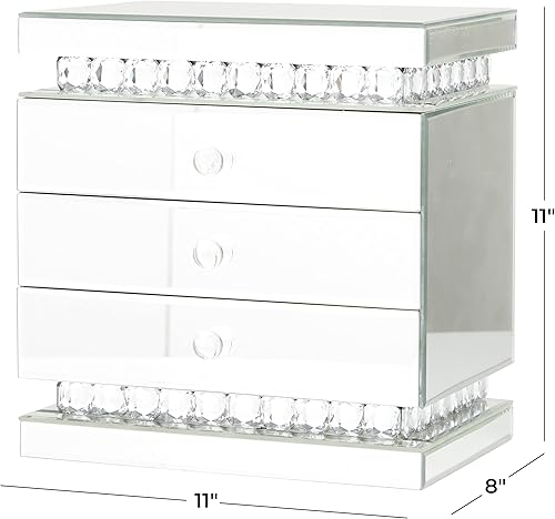 Miniatura 4 de Deco 79 Joyero de madera con espejo de 3 cajones con adornos de cristal, 11 x 8 x 11 pulgadas, color plateado