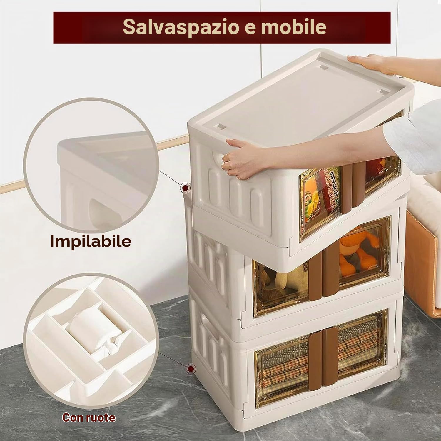 Oceano Scatola di Immagazzinaggio Pieghevole con Ruote e Doppia Apertura Contenitore Impilabile Plastica Robusta con Sportelli Trasparenti Organizer Salvaspazio per Vestiti Giocattoli 49x31x30cm 32l