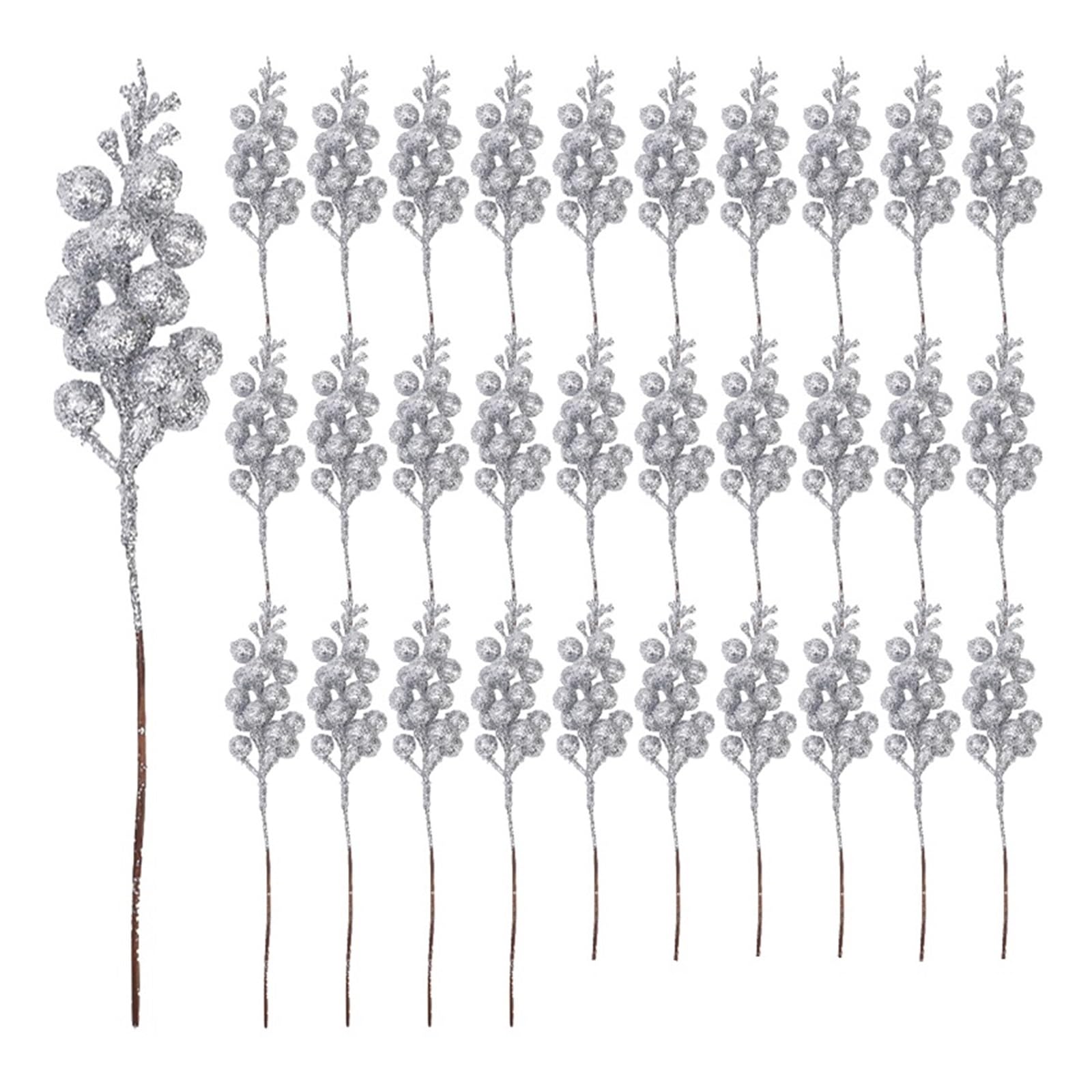 Ramo de ramas con bayas artificiales, Ramas de bayas acebo con purpurina artificial, multicolor, 23,5 cm, paquete varias piezas(Silver,20PCS)