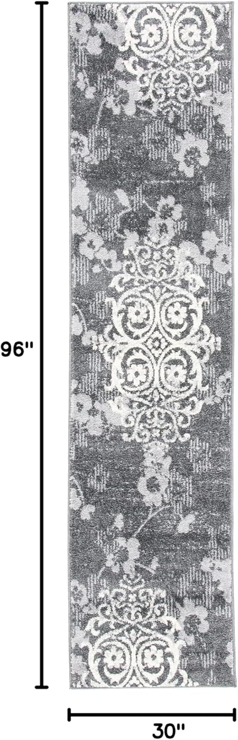 SAFAVIEH Adirondack Collection Runner Rug - 2'1" x 6', Black & Silver, Floral Glam Damask Distressed Design, Non-Shedding & Easy Care, Ideal for High Traffic Areas in Living Room, Bedroom (ADR114A)