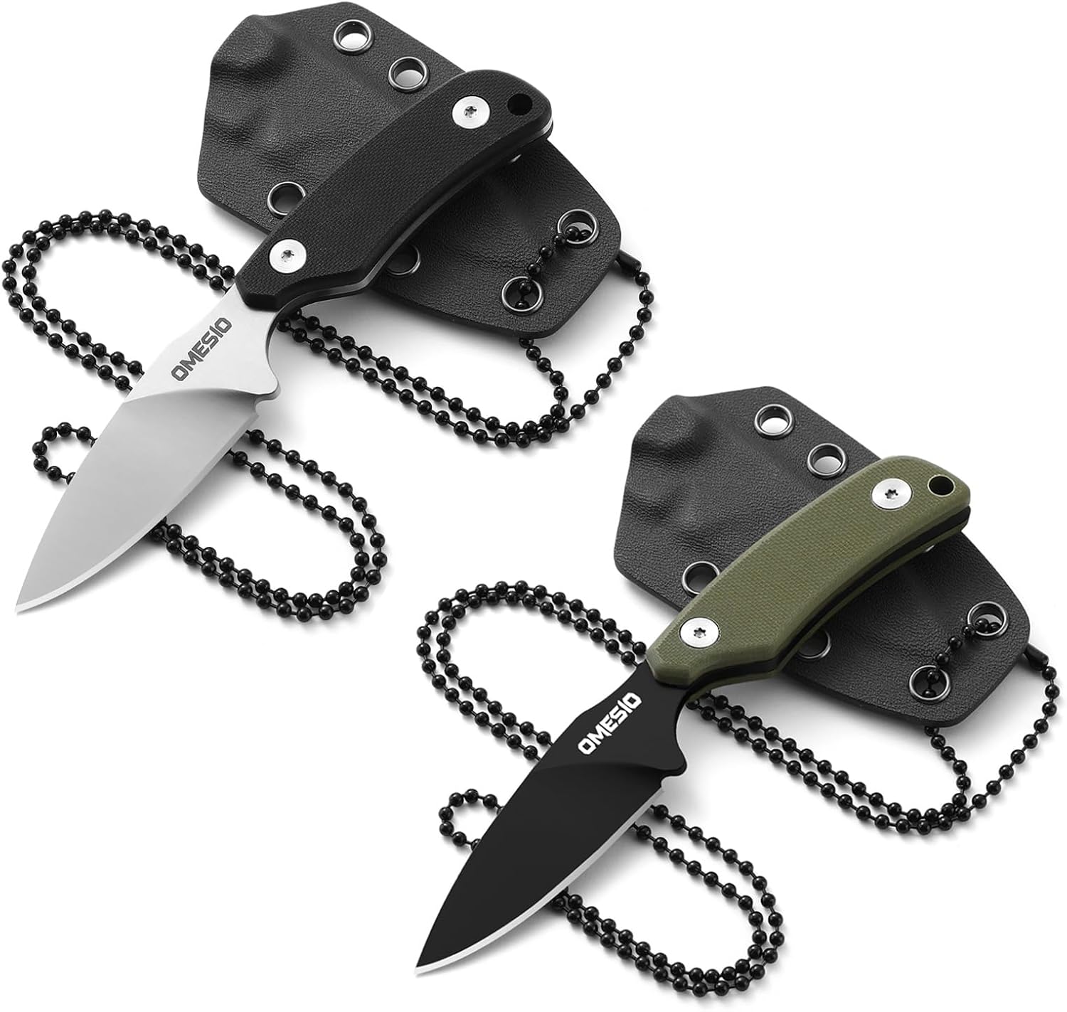 Omesio 2 Pieces Compact Neck Knife, 5.82" Neck Knife with Sheath and Necklace, D2 Steel 2.99-Inch Blade, Full Tang Knife G10 Handle, Fixed Blade Knife for EDC, Hiking, Camping