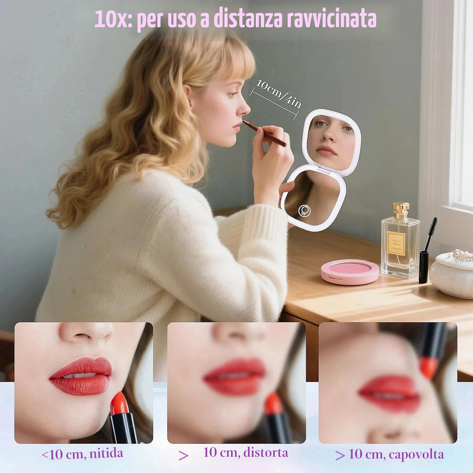 Collazoey LED Specchio Ingranditore, 1X/10X Specchietto da Borsetta, Chargement par USB, 3 Luci Regolabile Portatile Specchio da Viaggio, Interruttore Magnetico Pieghevole Piccolo Mirror (Viola)