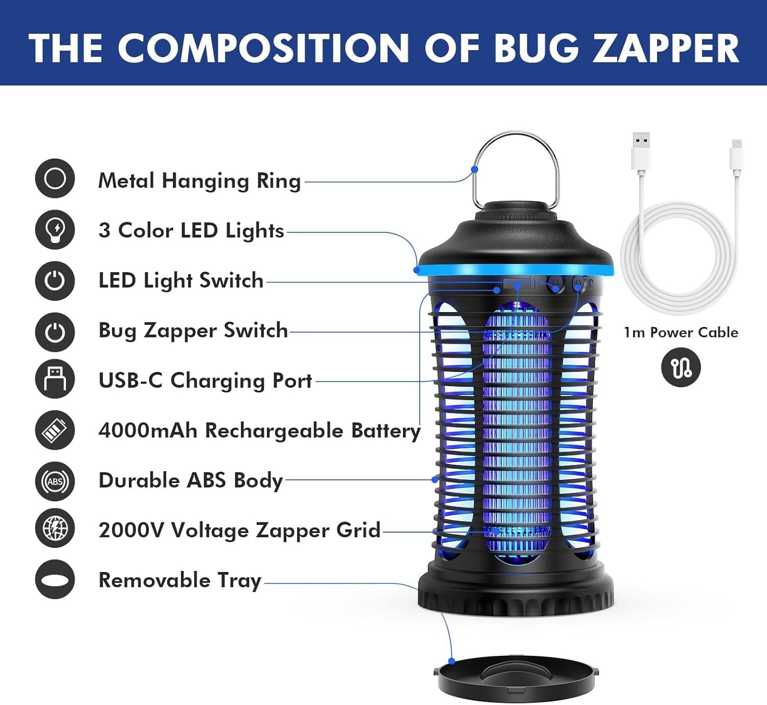 Insektenvernichter Elektrischer, 2 IN 1 Insektenfalle, 2000V Mückenlampe Elektrische Fliegenfalle mit LED-Licht, 4000 mAh Tragbarer USB-Anschluss Mückenfalle, Geeignet für Drinnen und Draußen