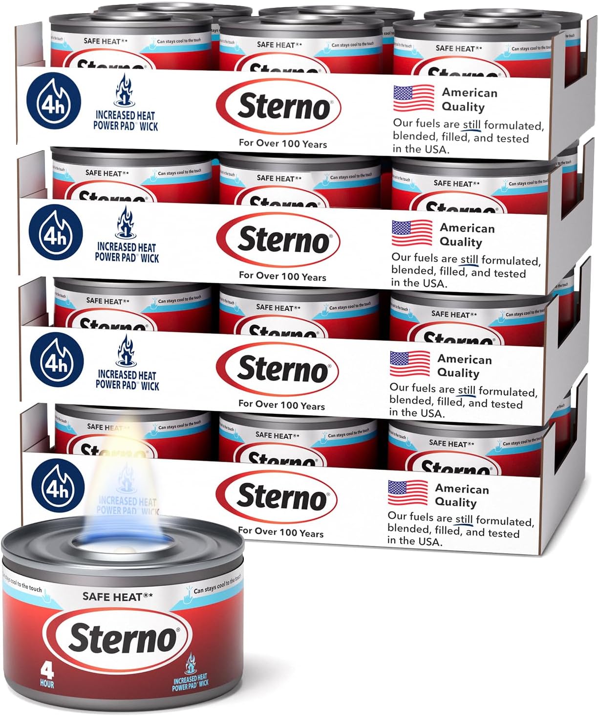 Sterno Safe Heat PowerPad Chafing Fuel, 4-Hour Burn, 24 Pack | UL 2997 validated, PowerPad wick, high heat output, cool can, consistent heat, reusable, indoor/outdoor