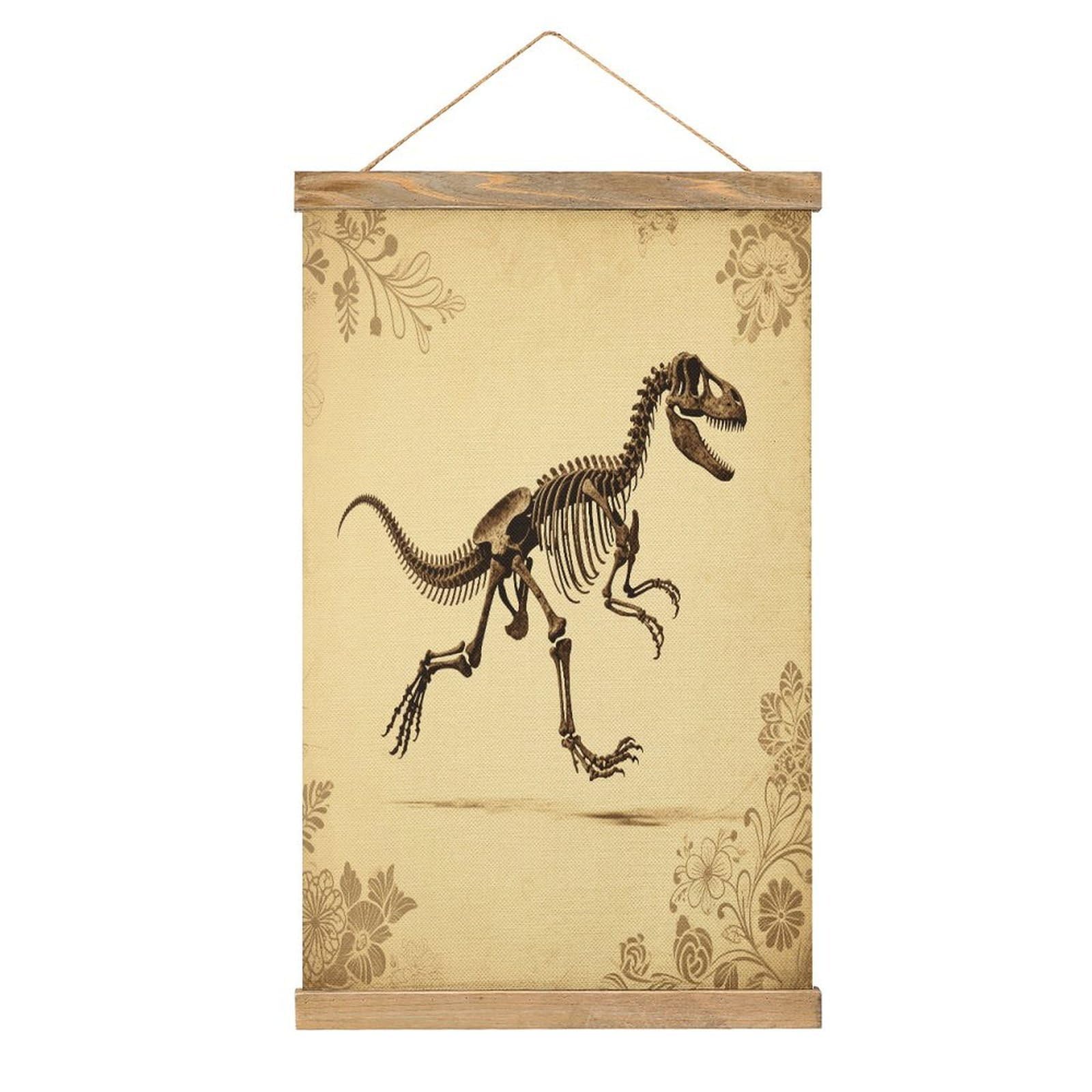 VstaDank Dinosaur Skeleton Print Hanging Poster with Wooden Frame Modern Linen Hanging Painting Retro Style Wall Decor Art Painting for Living Room,Bedroom Decor Poster Frame 20.4x13.1inch