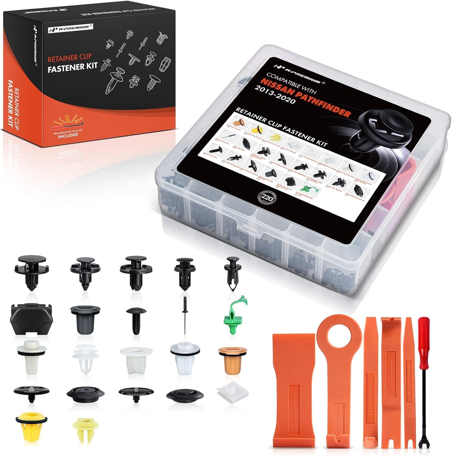 A-Premium 22 Sizes 43.36oz Bumper Fender Hood Retainer Clips Kit Compatible with Nissan Pathfinder 2013-2020 Door Trim Cowl Liner Car 220PCS Plastic Rivets Fasteners Push Retainer Kit, w/Removal Tool