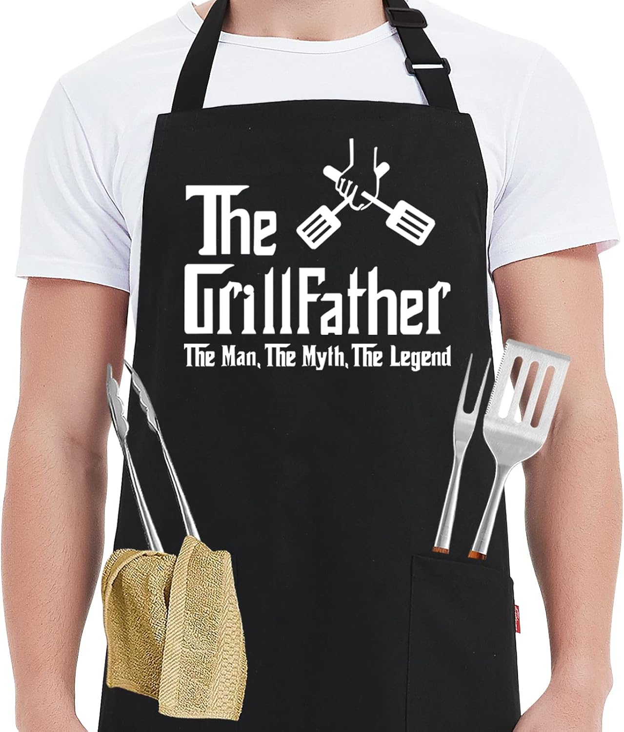 Kaidouma Funny Grill Aprons for Men - The Grillfather - Men’s Funny Chef Cooking Grilling BBQ Apron with 2 Pockets - Birthday Father's Day Christmas Gifts for Dad, Step Dad, Father in Law, Husband
