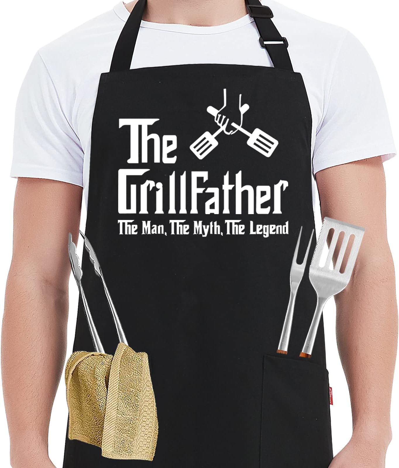 Funny Grill Aprons for Men - The Grillfather - Men’s Funny Chef Cooking Grilling BBQ Apron with 2 Pockets - Birthday Father's Day Christmas Gifts for Dad, Step Dad, Father in Law, Husband
