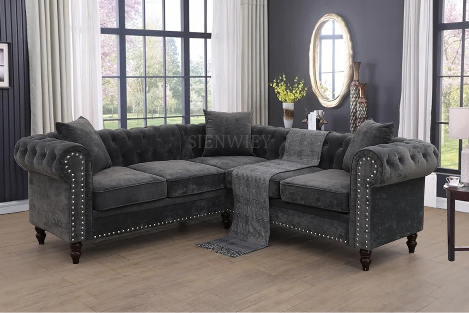 Chesterfield Sectional Sofa,Deep 80 Inch Luxurious L Shaped Couch Button Tufted Velvet Sofa/Upholstered Rolled Arm with Rivets/Chesterfield Settee Modern 5 Seater Sofa for Living Room，Black