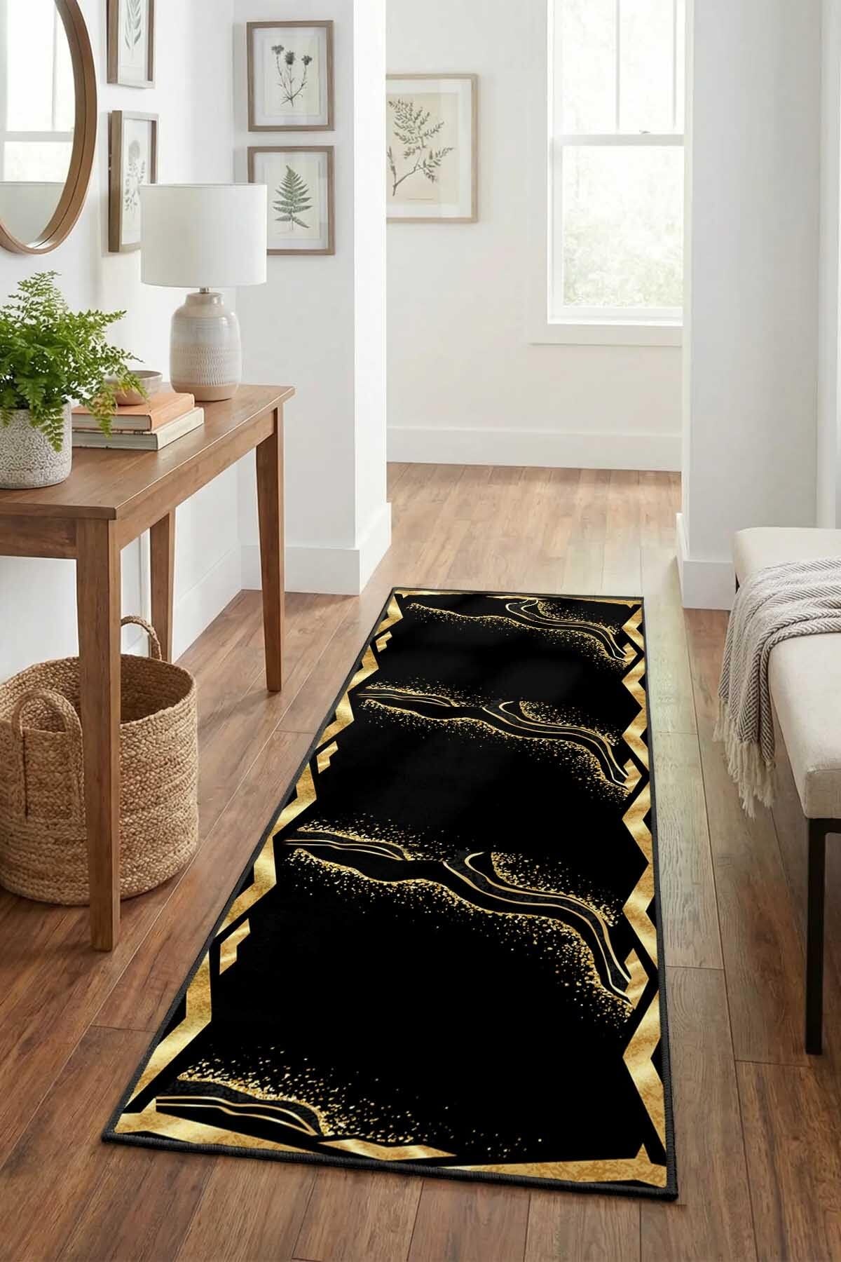 Monnhein Siyah Yolluk 1203 - Yıkanabilir, Kaymaz Taban, Dijital Baskılı, Leke Tutmaz, İnce Hav, Modern Koridor, Mutfak, Antre ve Salon için Dekoratif Yolluk