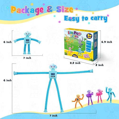 Miniatura 6 de Juguetes sensoriales robóticos para niños 4 tubos LED robóticos para reventar, juguete sensorial con ventosa telescópica para niños de 2, 3, 4, 5,