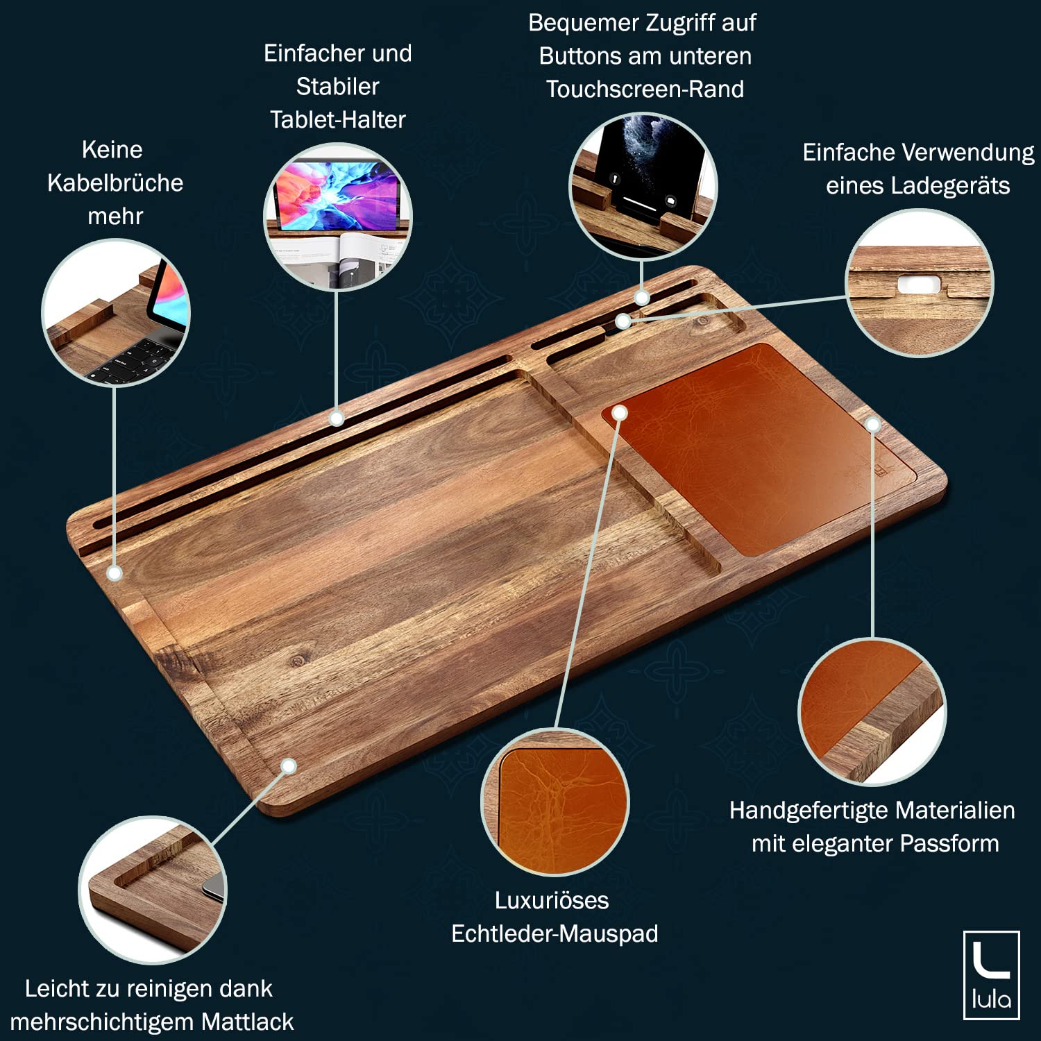 lula Tappetino per laptop in legno di acacia – con grande tappetino per mouse in pelle e pratico supporto per notebook, tablet e telefono; tavolo portatile per laptop in casa o come tavolo da letto a