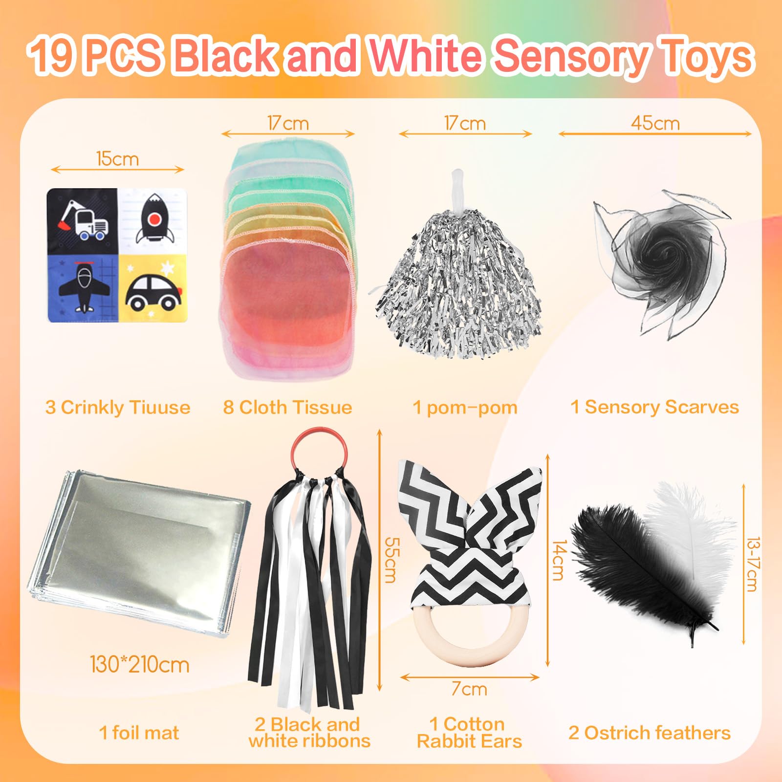 19 Pc Baby Sensory Set - Black & White Sensory Toys with Foil Blanket, Baby Scarves, Feather, Cheerleading Pom Poms & Crinkle Toys - Image 4