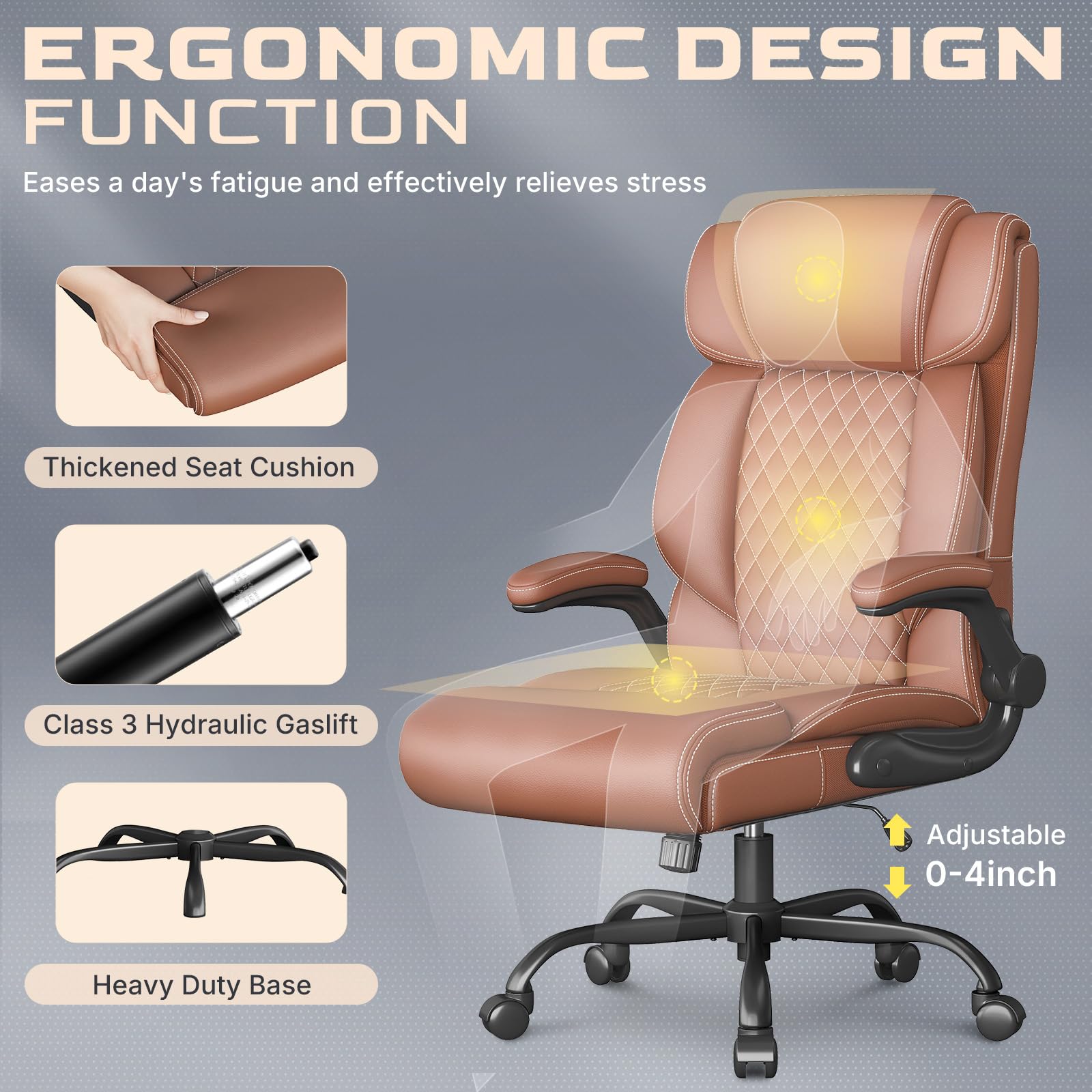 Office Chair Ergonomic Big and Tall Executive Desk Chair Breathable Leather Chair with Adjustable Flip-up Armrests Lumbar Support — view 6