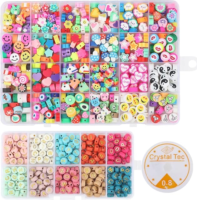 Stickerboy 240PCS Polymer Clay Beads + 300PCS Mixed Colors Letter Beads Flat Beads Round Flower Beads Fruit Clay Beads with 7m Crystal Elastic Cord for Bracelets Jewelry Necklace Earring Making
