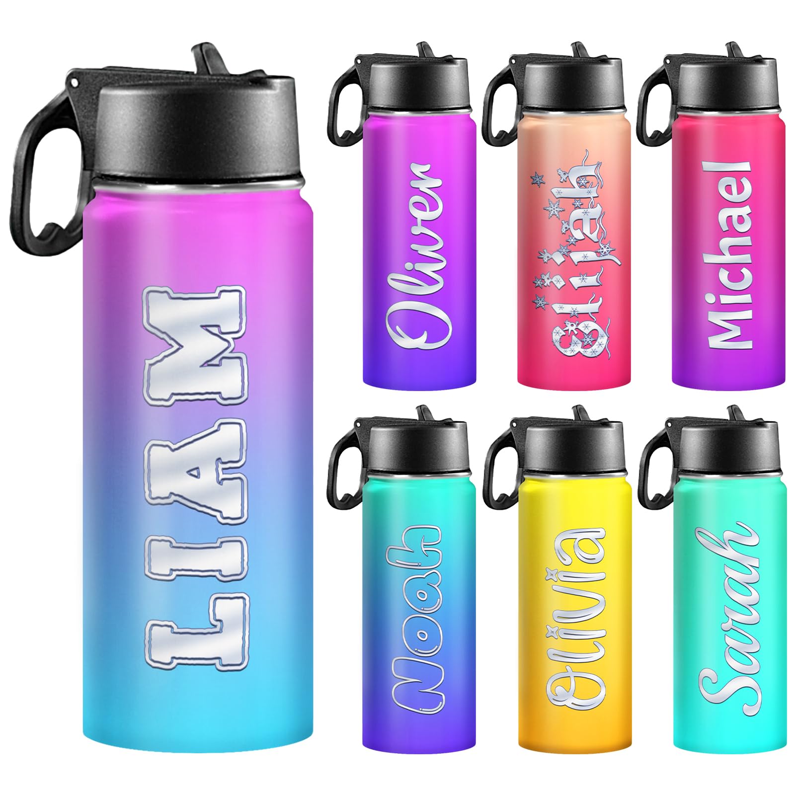 Back to School, Personalized Insulated Water Bottle for Kids 18oz Custom Name Stainless Steel Sports Water Bottles with Straw Lid Gifts for girls Boys