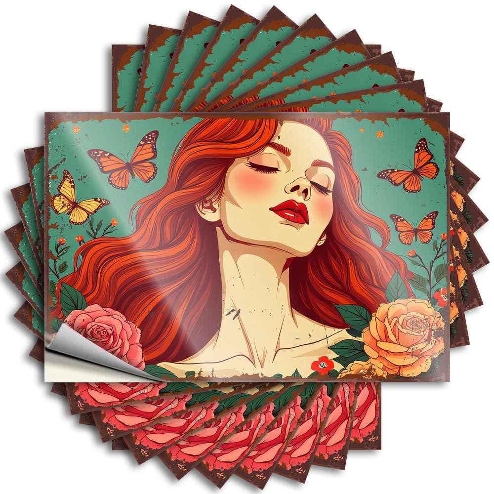 Girly, Bumper Door A Woman with Red Hair Surrounded By Butterflies and Roses | Men Beer(12X18CM)